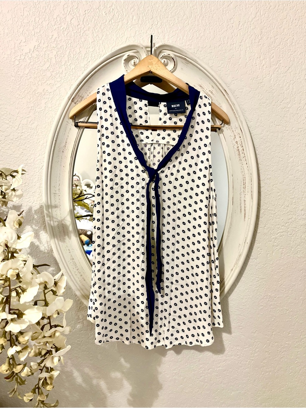 Maeve by Anthropologie Cream and Navy Polka Dot Tie-Neck Tank